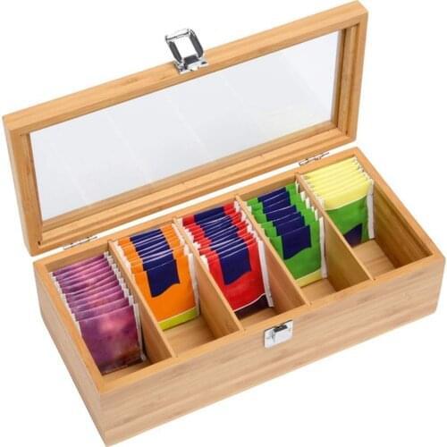 5-Grid Wooden Tea Bag Box Multifunctional Storage Box With Acrylic Glass Window For Black Tea Green Tea Pu'Er Tea Jasmine Tea