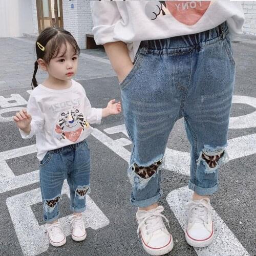 Girls Denim Pants Children Ripped Holes Leopard Patchwork Girls Jeans Spring Autumn Denim Trousers For Kids Girls 12M-6T