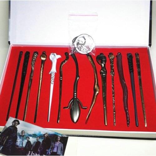 Harri Magic Wand Potters Metal Keychain Necklace Baguette Harri Deathly Hallows Pendants Figures Box Packed Toy Set