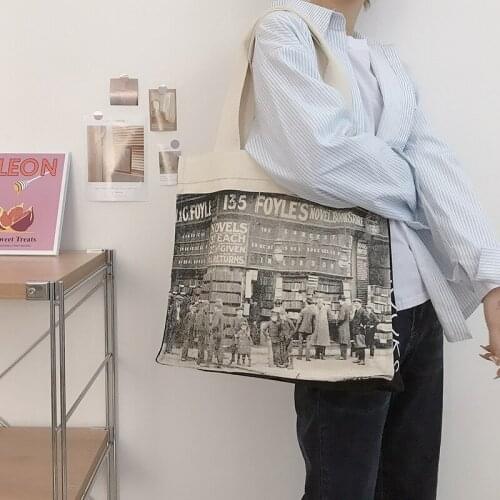 Women Canvas Shoulder Bag Foyles Bookshop Female Extra Large Books Bag Retro Photo Print Handbag Thick Tote Ladies Shopping Bags