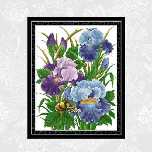 The Iris flowers Paintings Cross Stitch Printed Canvas DMC Cotton Thread Crafts DIY Hand Made Embroidery Sets for Needlework