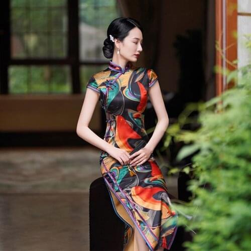 Chinese Traditional Dress Woman High Split Short Sleeve Cheongsam Femme Standing Collar Printing Hanfu Party Vintage Long Qipao