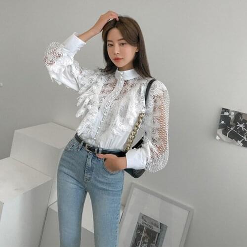 Lace Blouse Women Niche Shirt 2021 Spring New Hot Sale Womens Round Neck Hollow Lace Stitching Lotus Leaf Lantern Sleeved Tops