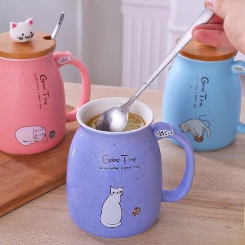 Mug Cartoon with Lid Cup Kitten Milk Coffee Ceramic Mug Children Cup Heat-resistant 420ml Office Drinkware Gift Milk Cup Wy12302