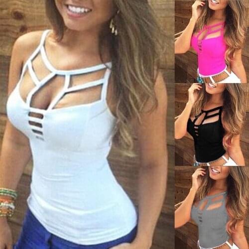 Fashion Solid Color Summer Sexy Women Strappy V Neck Vest Sleeveless Camisole Bandage Hollow Out Slim Vest Tank Tops