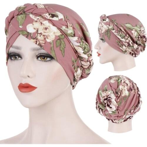 2020 New Womens Braid Turban Caps Flower Printed Cotton Headscarf Bonnet Forehead Cross African Hat Ready to wear Muslim Hijabs