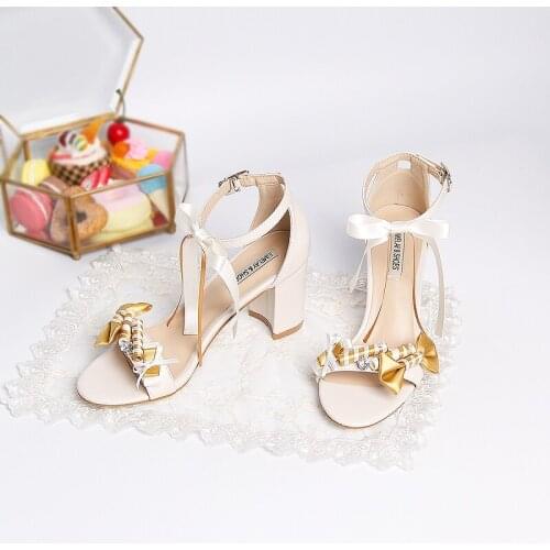 New beige thick heel transverse band network celebrity sandals summer butterfly knot wristband middle heel shoes students