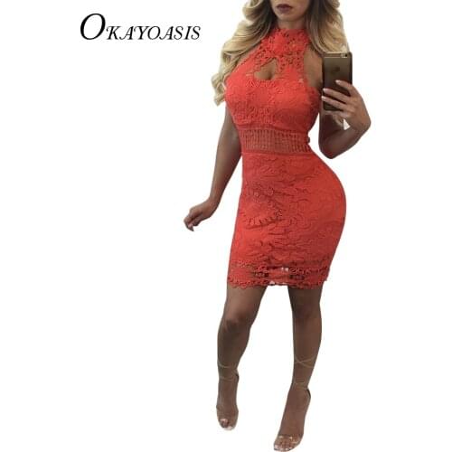 OKAYOASIS 2017 New Arrival Womens Lady Lace Dress Cocktail Party Short Dresses Off Shoulder Sleeveless Floral Bodycon Dresses
