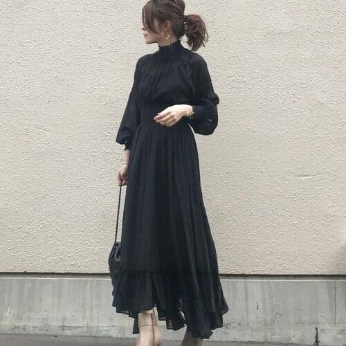 New Fashion Women Black Dress Long Sleeve Ruffle A Line High Waisted Female Korean One Piece Sweet Office Lady Spring Maxi Dress