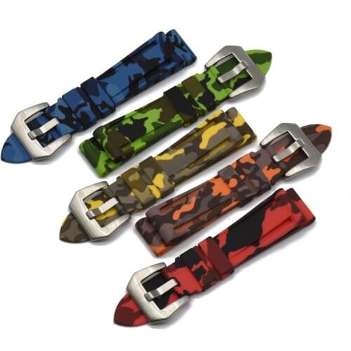 Premium-Grade 20mm 22mm 24mm Sport Waterpfoof Silicone Watch Band For Panerai Silver Buckle Camouflage Rubber Watch Strap