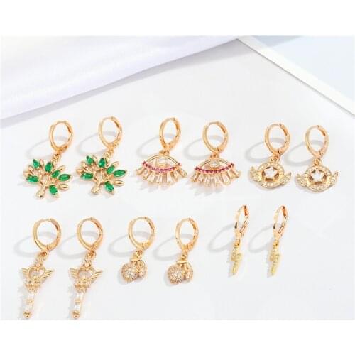 1Pair Lightning Cross Evil Eye Hoop Earrings For Women Jewelry Blingbling Zircon Star Tree Cherry Fruit Geometric Circle Earring