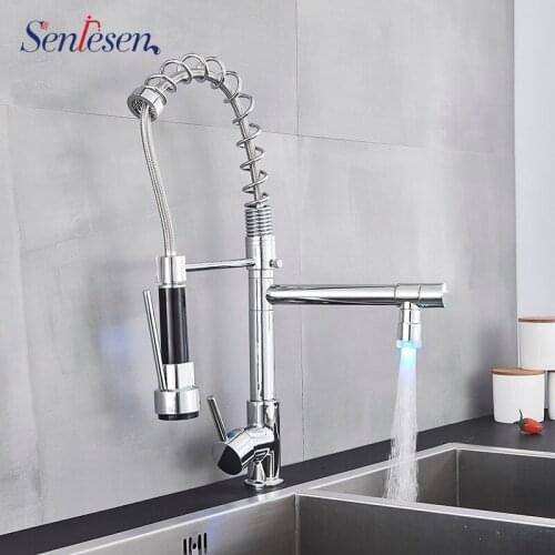 SENLESEN Led Spring Kitchen Faucet Chrome/ Brushed Nickle/Orb Double Water Modes Mixer Tap Hot and Cold Water