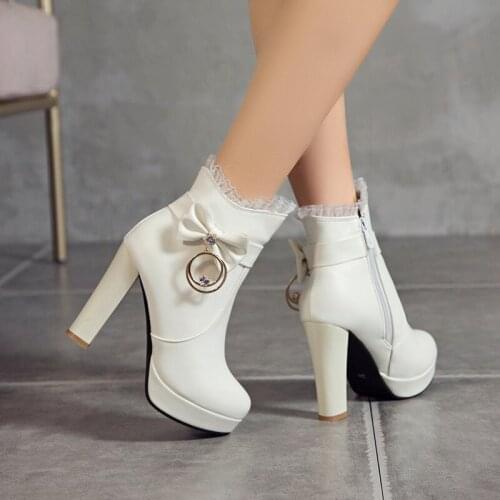 YMECHIC Autumn Winter Ladies Shoes with Heels White Black Ankle Boots Wedding Bride Party Butterfly-knot Women Booties Lolita