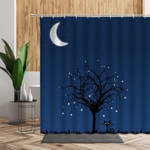 Starry Fantasy Shower Curtain Set Tree Cat Moon Creative Bathroom Bath Decors 3D Backdrop Decoration Frabic Curtains For Bedroom
