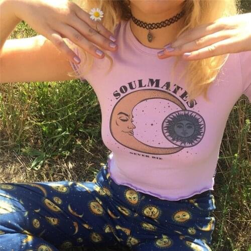 Women Summer Graphic Tee Shirt Femme Funny Sun Moon print Vogue Harajuku T Shirt Korean Tops Kawaii Streetwear Camiseta Mujer