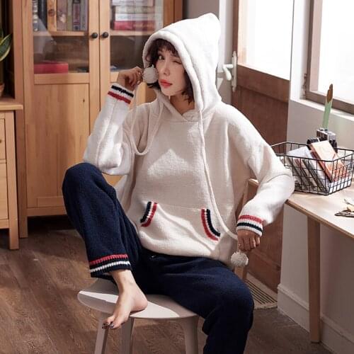 Womens Pajamas Autumn/winter Chenille Fashion Hoodie Suit Simple Casual Sports Wide-leg Pants Sleepwear Home Wear Warm Pajamas