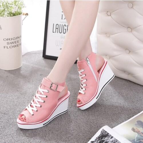 Colors 2021 Spring and Summer New High-top Canvas Womens Fish Mouth Canvas Sandals Tide Wedge Open-toe Hollow Womens Sandals