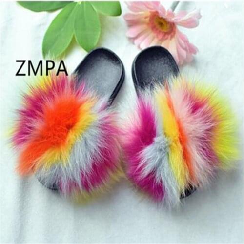 Womens Summer Furry Fur Flip Flops Childrens/Woman Real Fox Fur Slippers Ladies/Kids Fluffy Plush Slides Female Fur Sandals