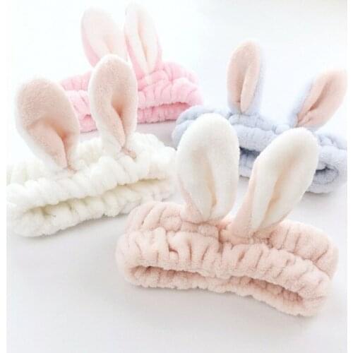 2020 Women Cute Coral Fleece Rabbit Ears Elastic Headbands Soft Wash Face Bath Hairbands Girls Holder Turban Hair Accessories