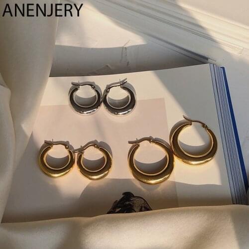 ANENJERY 925 Sterling Silver Metal Oval Hoop Earrings For Women Glossy Personality French jewelry S-E1475