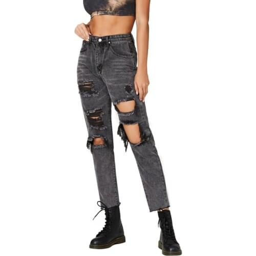 Embroidered daisy ripped jeans women loose cropped trousers 2021 summer thin high waist straight leg pants BF tide