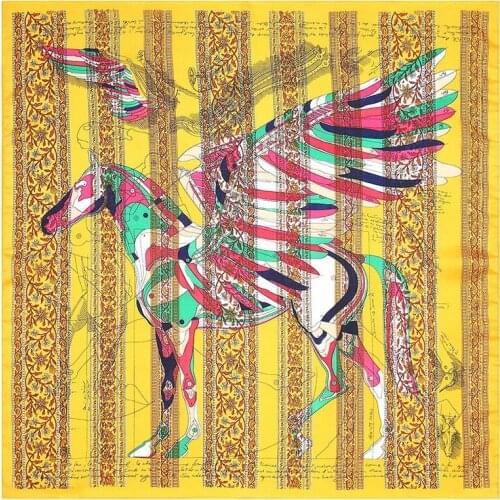 POBING 100% Silk Scarf Woman Feather Pegasus Print Square Scarves Luxury Bandanas Small Hijab Foulards Lady Tie Headband 53x53CM