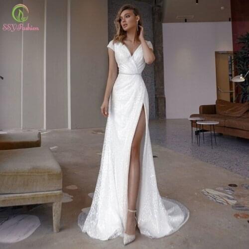 SSYFashion White Sequins Evening Dress for Women Sexy Slim V-neck Backless Short Sleeve Long Prom Formal Gowns Vestidos De Noche