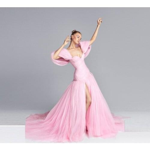 Fluffy Pink Evening Dresses abendkleider Custom High Split Puffy Sleeve Evening Dress Long Lush vestido de fiesta longo