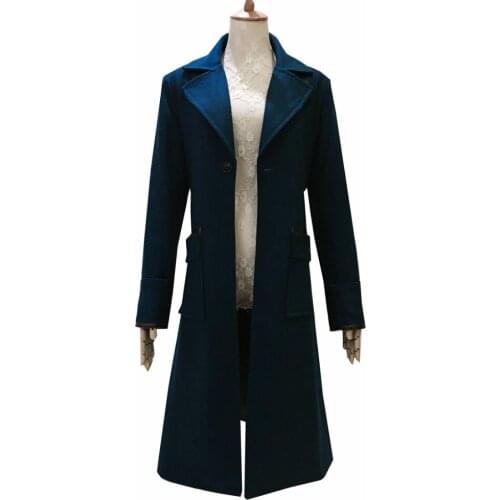 2018 Fantastic Beasts and Where to Find Them Newt Scamander Blue Trench Cosplay Costume Long Wool Coat Mens Winter Overcoat