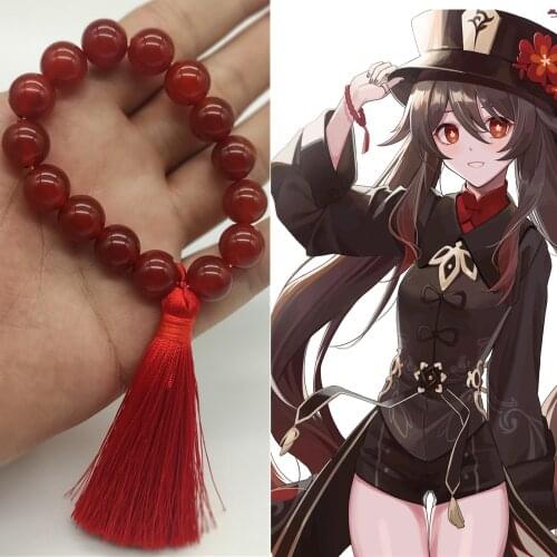 Anime Genshin Impact Hu Tao Cosplay Bracelet Red Agate Beads Prop Jewelry Decor Jewellery Girl Gifts