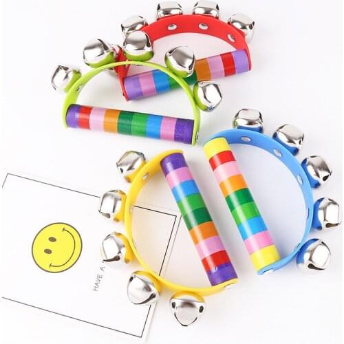 Baby Wooden Toys Stick 0-24 Months Kids Children Bells Rainbow Hand Shake Bell Rattles Baby Educational Toy Musical Instrument