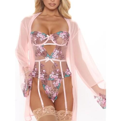 Sexy Lace Womens Bra Set Floral Embroidery Underwear Mesh Shapers 3 Pieces Lingerie Women Thongs Graters Push Up Bra Sets