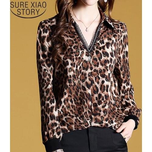 Korean fashion clothing 2021 women shirts long sleeve shirts womens tops and blouses harajuku Lace Leopard V-Neck 3122 50