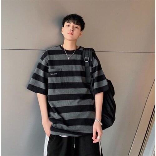 2021 Summer High Quality Striped Print Mens Cotton T-Shirt Harajuku Loose Japan Style Oversize Clothes Hip Hop Funny Couple Top