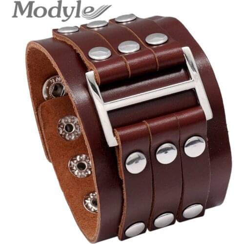 Modyle New Fashion Punk Vintage Wide Leather Bracelets Black Charm Bracelets & Bangles for Women Men Jewelry