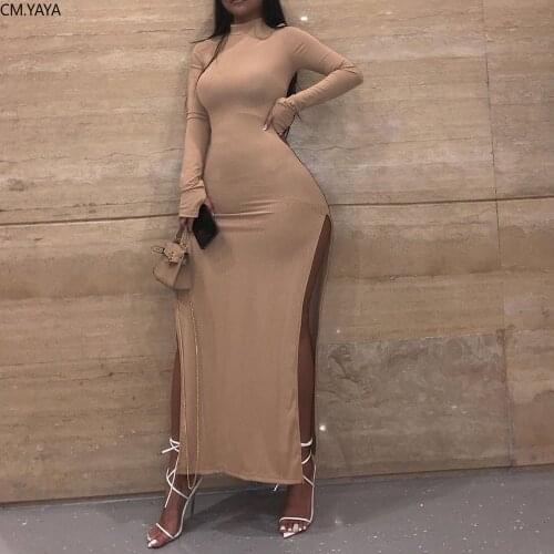 CM.YAYA Autumn Long Sleeve Turtleneck High Side Split Womens Maxi Dress High Waist Sexy Club Party Bodycon Midi Long Dress