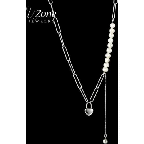 Uzone New Stainless Steel Heart Lock Pendant Necklace Pearl Beads Adjustable Chain Necklaces For Women Girlfriend Party Gift