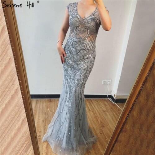 Grey Luxury V-Neck Mermaid Evening Dresses Design 2020 Dubai Full Diamond Sexy Formal Dress Serene Hill DLA70063