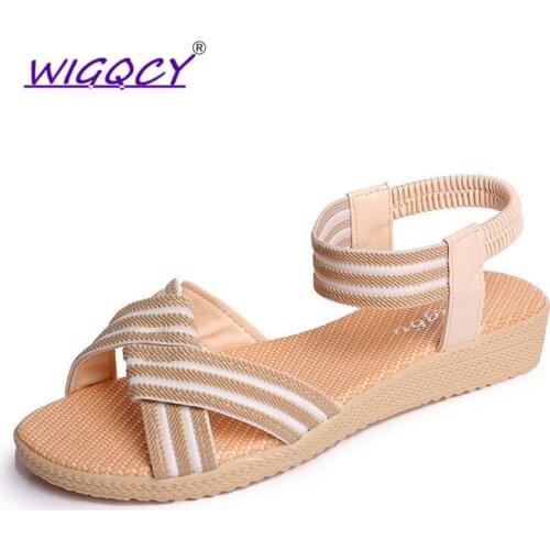 Open toe Canvas sandals flat women 2019 summer shoes women Simple Solid color Elastic band Roman ladies shoes female 41 42 size