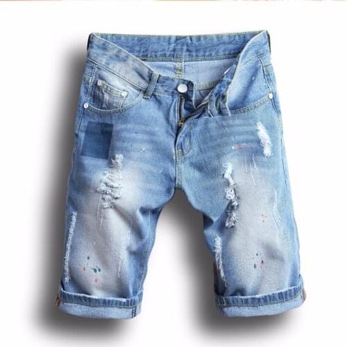 HOT 2020 Fashion Casual inkjet washing Ripped Hole male denim shorts summer locomotive hip hop streetwear jeans hombre