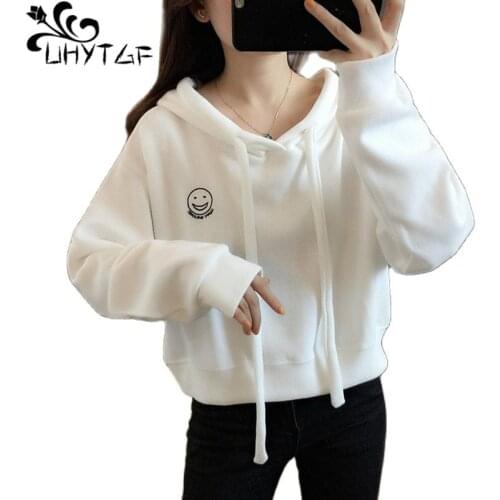UHYTGF 2021 Hooded Short Sweatshirt Womens Long Sleeve Pullover Spring Autumn Hoodies Casual Student Jacket Loose Thin Tops 1765