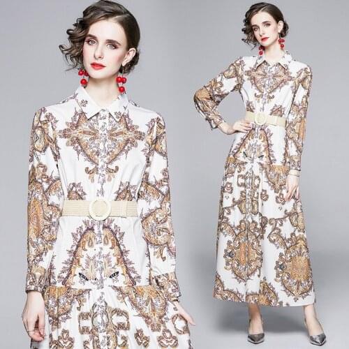 Vintage Design Women Shirt Dress 2021 Spring Autumn Winter Belted A Line Long Maxi Dress Elegant Ladies Office Party Dresses