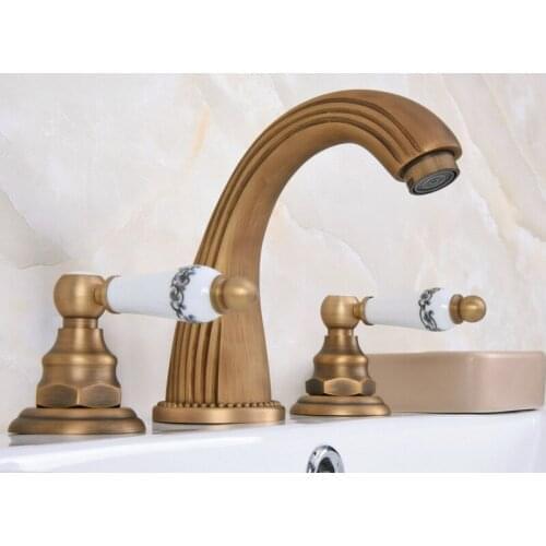 Vintage Antique Brass 2 Ceramic Handle Deck-Mount 3 Hole Widespread Bathroom Lavatory Bathtub Basin Faucet Sink Mixer Tap dan071