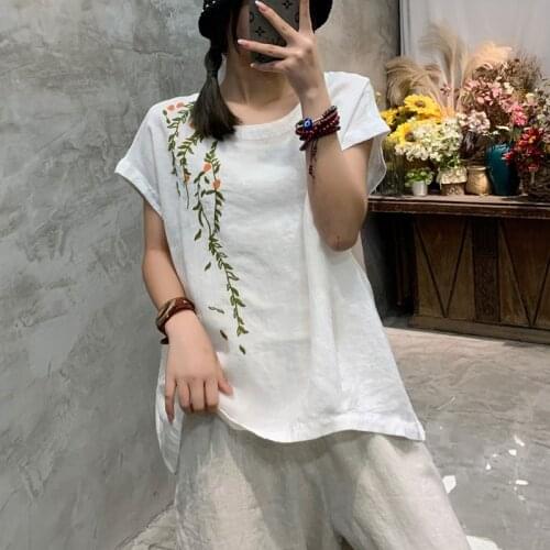 Women T-shirt Summer Retro Sleeveless Loose Pullovers Tops 2021 Ladies New O-Neck Embroidery Casual T-shirt Tops