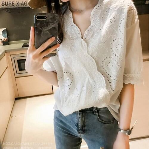 Korean Hollow Out Lace Blouse Women Lace Shirt Tops Plus Size 4XL Short Sleeve Summer V-neck Loose Ladies White Blouses 14090