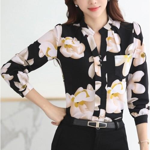Women Autumn Flower Printed Blouse Shirts Fashion Casual Long Sleeve V-Neck Chiffon Blouses Women Elegant Shirt Office Lady Top