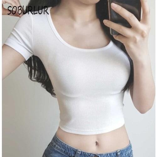 SOBURLUR Summer Casual Tunics Womens White T-shirts Sexy Crop Tops Woman Clothing Cropped T shirt BF Korean Style Streetwear