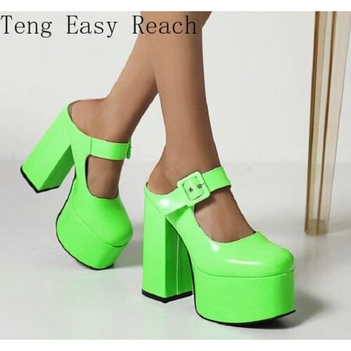 14cm Block High Heeled Platform Woman Shoes Green Yellow Black Slingbacks Buckle Strap Sexy Women Mary Janes Pumps Heel
