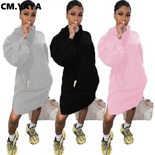 CM.YAYA Women Autumn Winter Solid Hooded Long Sleeve A-line Dress Active A-line Knee Length Dresses