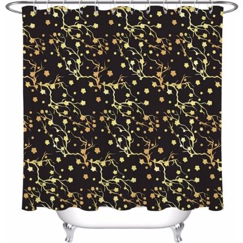 Gold Plum Blossom Shower Curtain Flower Bathroom Black Waterproof Mildew Resistant Polyester Fabric for Artistic Bathtub Decor